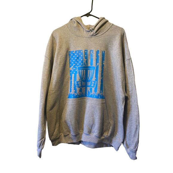 Disc Golf Patriotic FLAG Basket Vinyl Logo XL Pullover Hoodie Grey - Picture 6 of 8